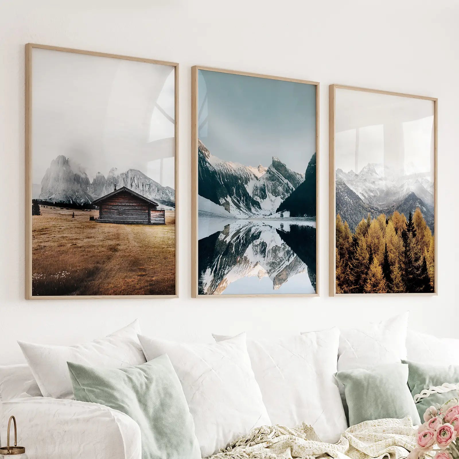 3-teilige Herbst Berg, Wald, See Wandkunst. Nordisches Foto