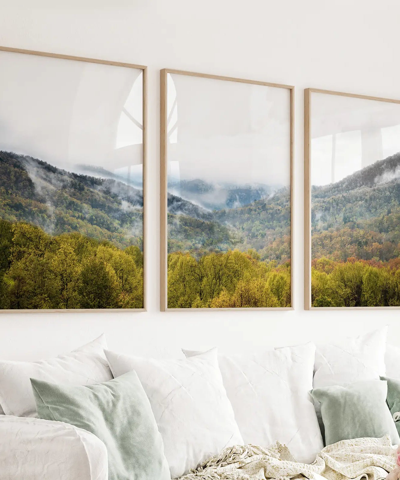 Foggy Mountains and Green Forest. Photo Triptych