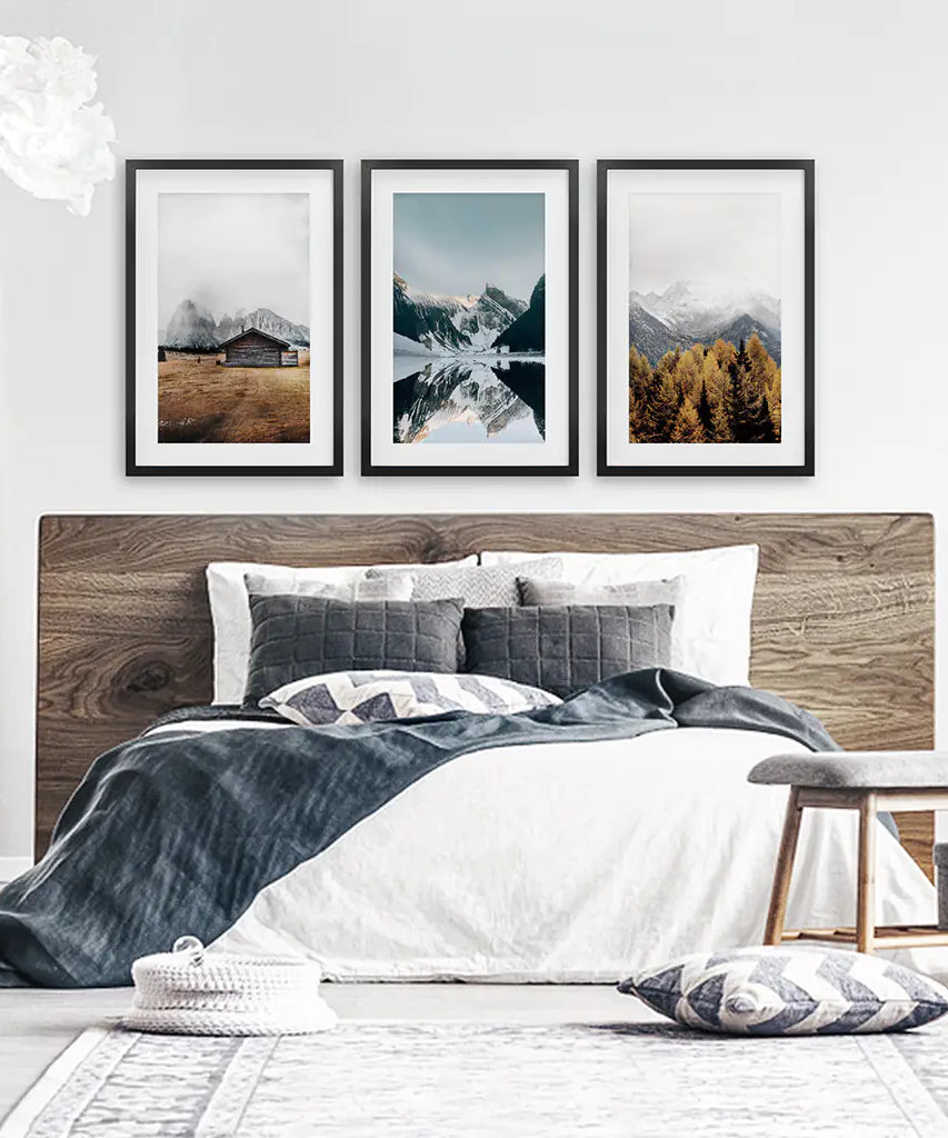 3-teilige Herbst Berg, Wald, See Wandkunst. Nordisches Foto