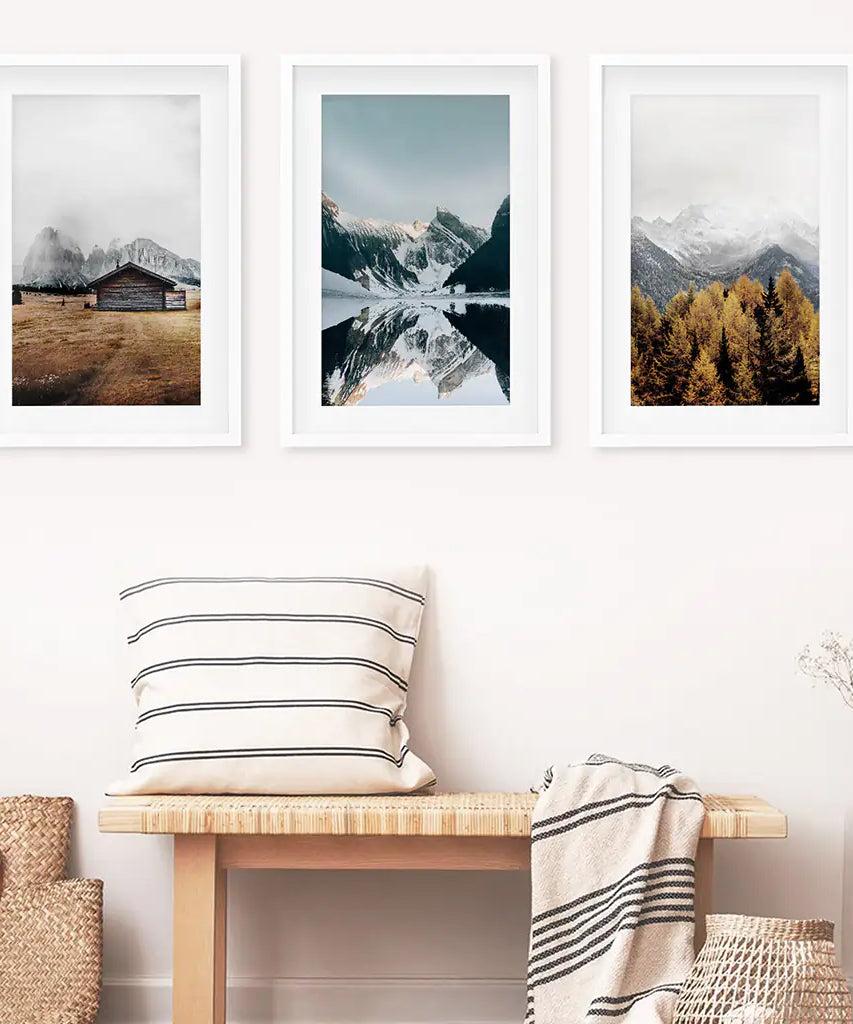 3-teilige Herbst Berg, Wald, See Wandkunst. Nordisches Foto