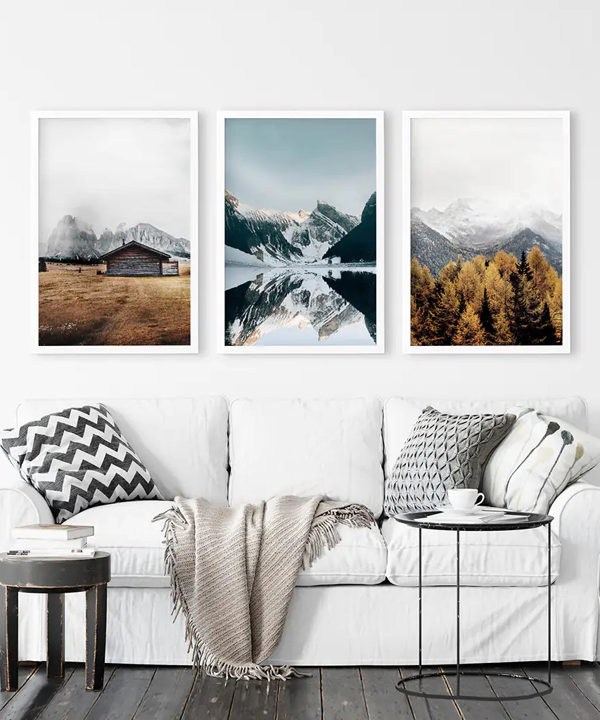 3-teilige Herbst Berg, Wald, See Wandkunst. Nordisches Foto