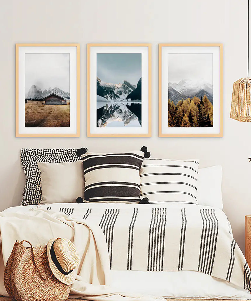 3-teilige Herbst Berg, Wald, See Wandkunst. Nordisches Foto