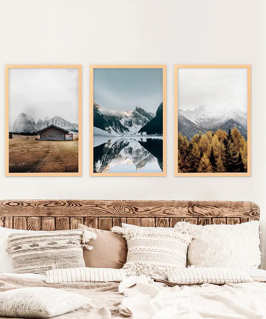 3-teilige Herbst Berg, Wald, See Wandkunst. Nordisches Foto