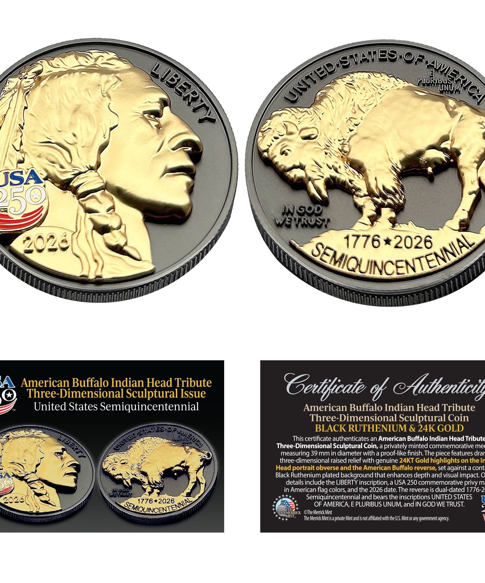 3D American Buffalo Indian Head Tribute Coin mit USA 250 Privy Mark (Schwarzruthenium & 24k Gold)
