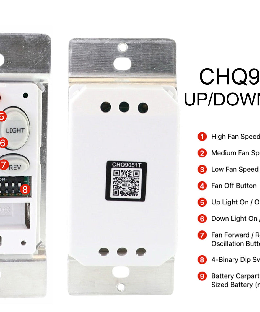 Anderic CHQ9051T Wireless Wall Switch Ceiling Fan Remote Control for 3-Speed Fans with Up & Down Light and Reverse Keys