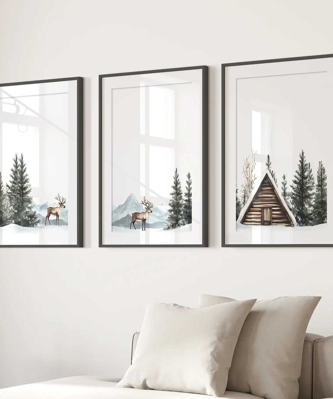 Rustic Cabin, Snowy Forest Prints. 3 Piece Winter Wall Art