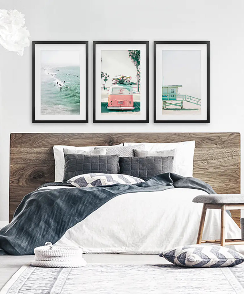 California Travel Wall Art Set. Pink Bus, Lifeguard, Surfers
