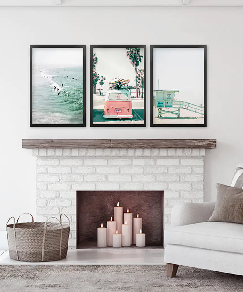 California Travel Wall Art Set. Pink Bus, Lifeguard, Surfers