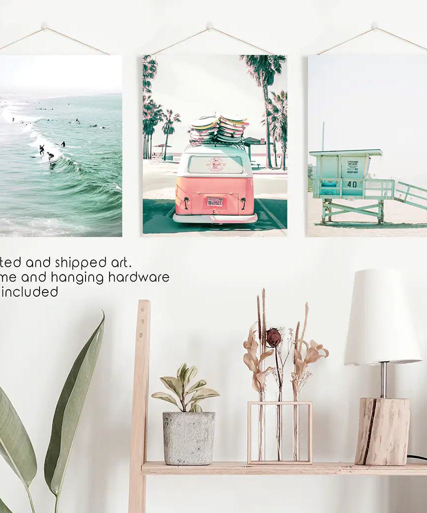 California Travel Wall Art Set. Pink Bus, Lifeguard, Surfers