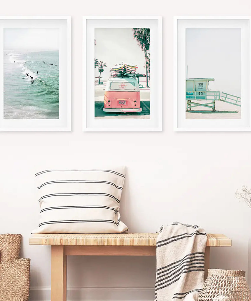 California Travel Wall Art Set. Pink Bus, Lifeguard, Surfers