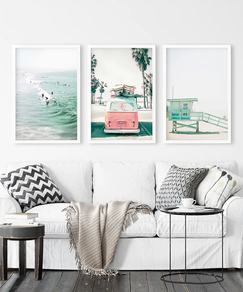 California Travel Wall Art Set. Pink Bus, Lifeguard, Surfers