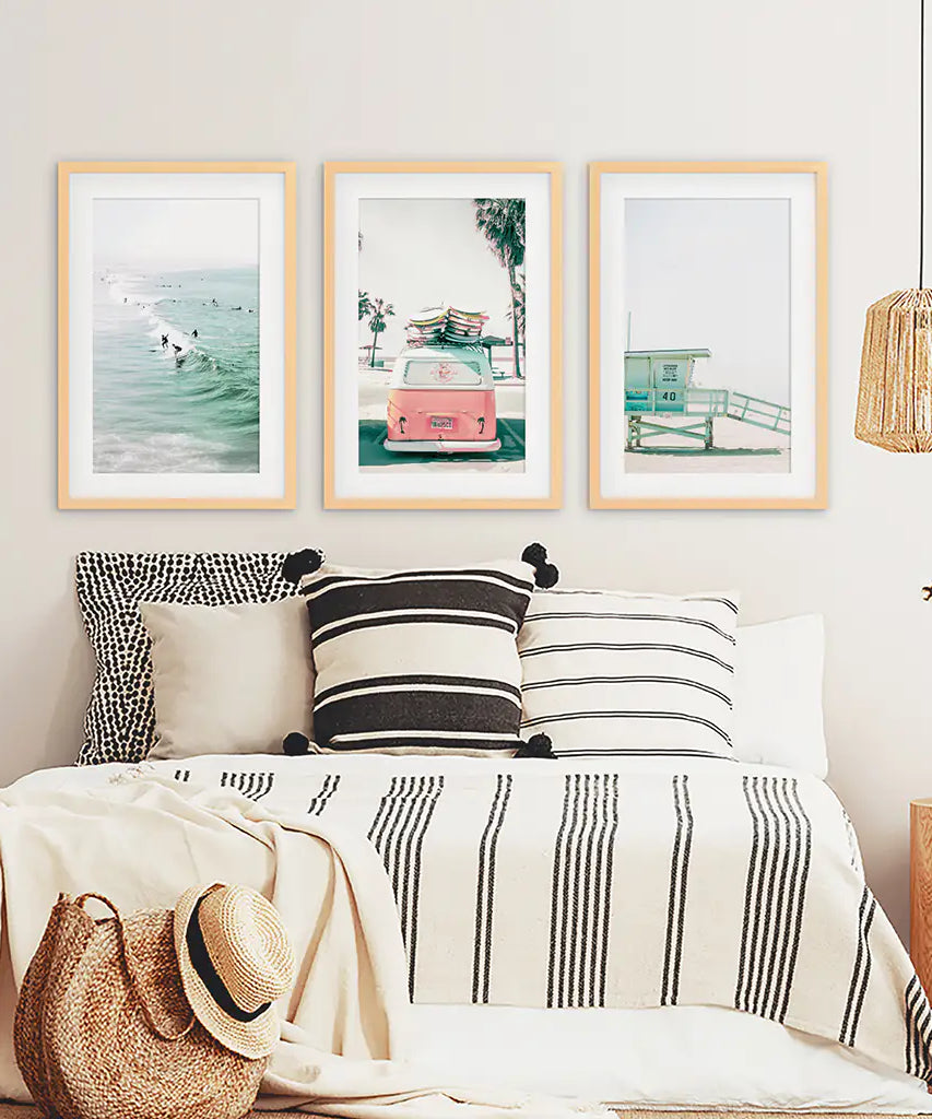 California Travel Wall Art Set. Pink Bus, Lifeguard, Surfers