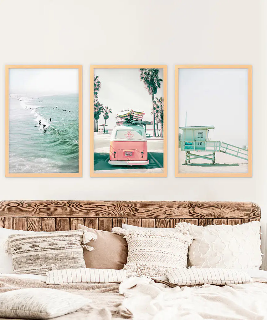 California Travel Wall Art Set. Pink Bus, Lifeguard, Surfers