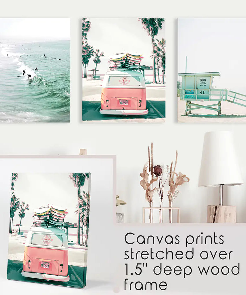 California Travel Wall Art Set. Pink Bus, Lifeguard, Surfers