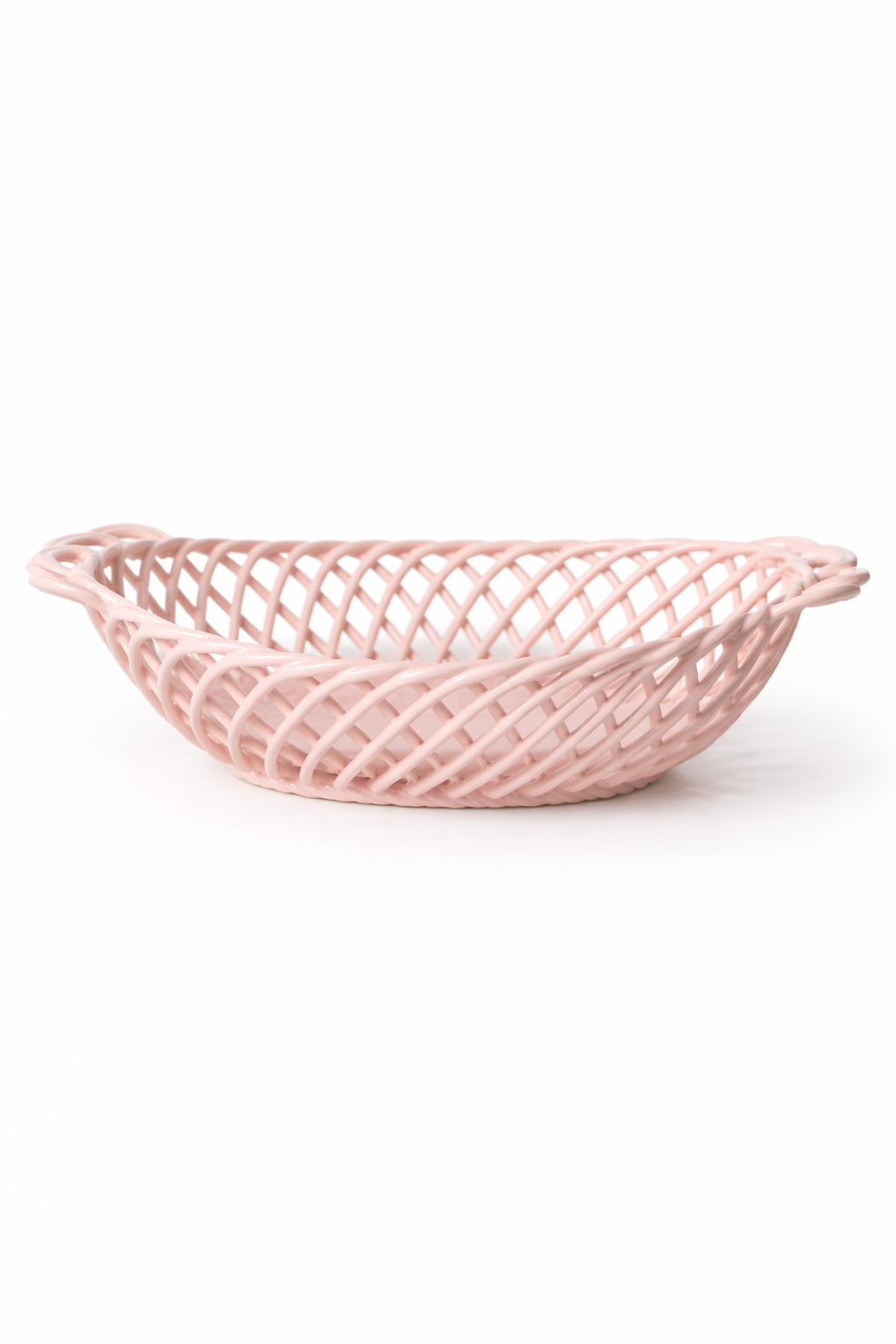 Ceramic Oval Basket – Hand-Woven Dish in White, Beige & Pink Glazed Porcelain
