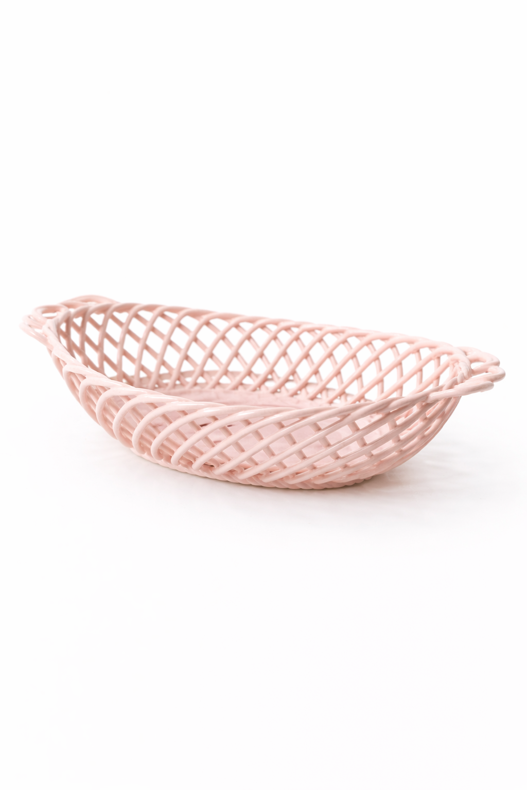 Ceramic Oval Basket – Hand-Woven Dish in White, Beige & Pink Glazed Porcelain