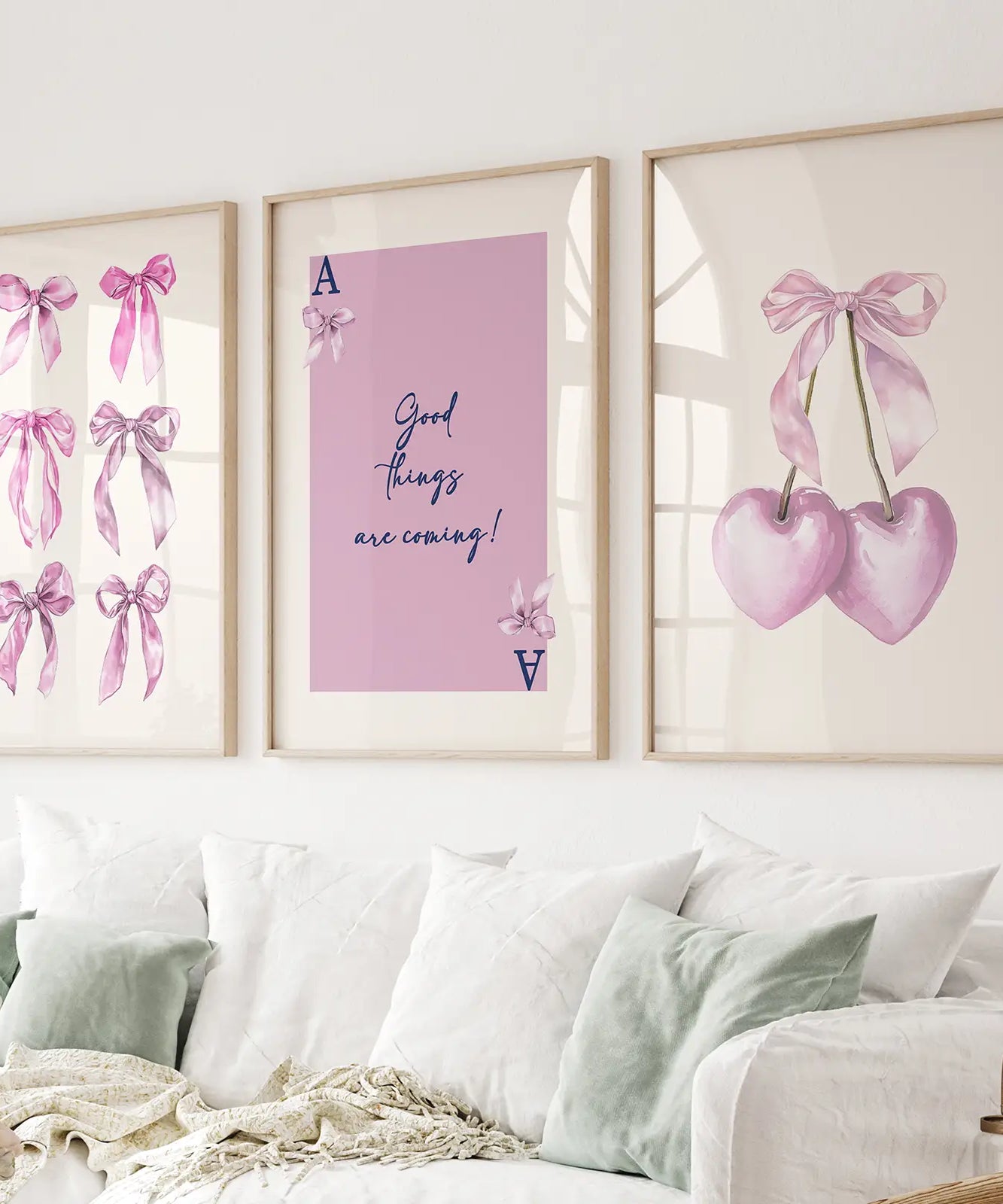Trendy Pink Bows Wall Art Girly Print Decor Set
