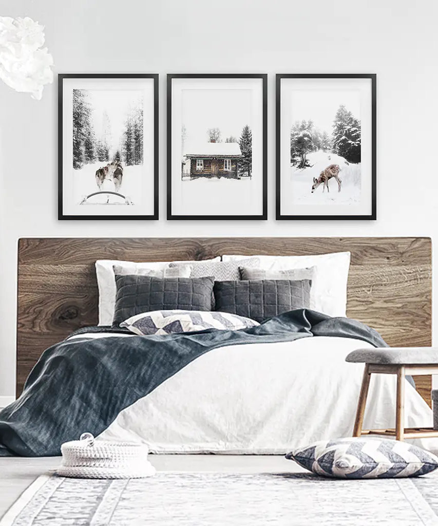 Weihnachtsstimmung 3er-Set Kunstdrucke. Rehkitz, Blockhütte, Schlittenfahrt