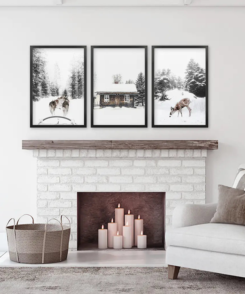 Weihnachtsstimmung 3er-Set Kunstdrucke. Rehkitz, Blockhütte, Schlittenfahrt