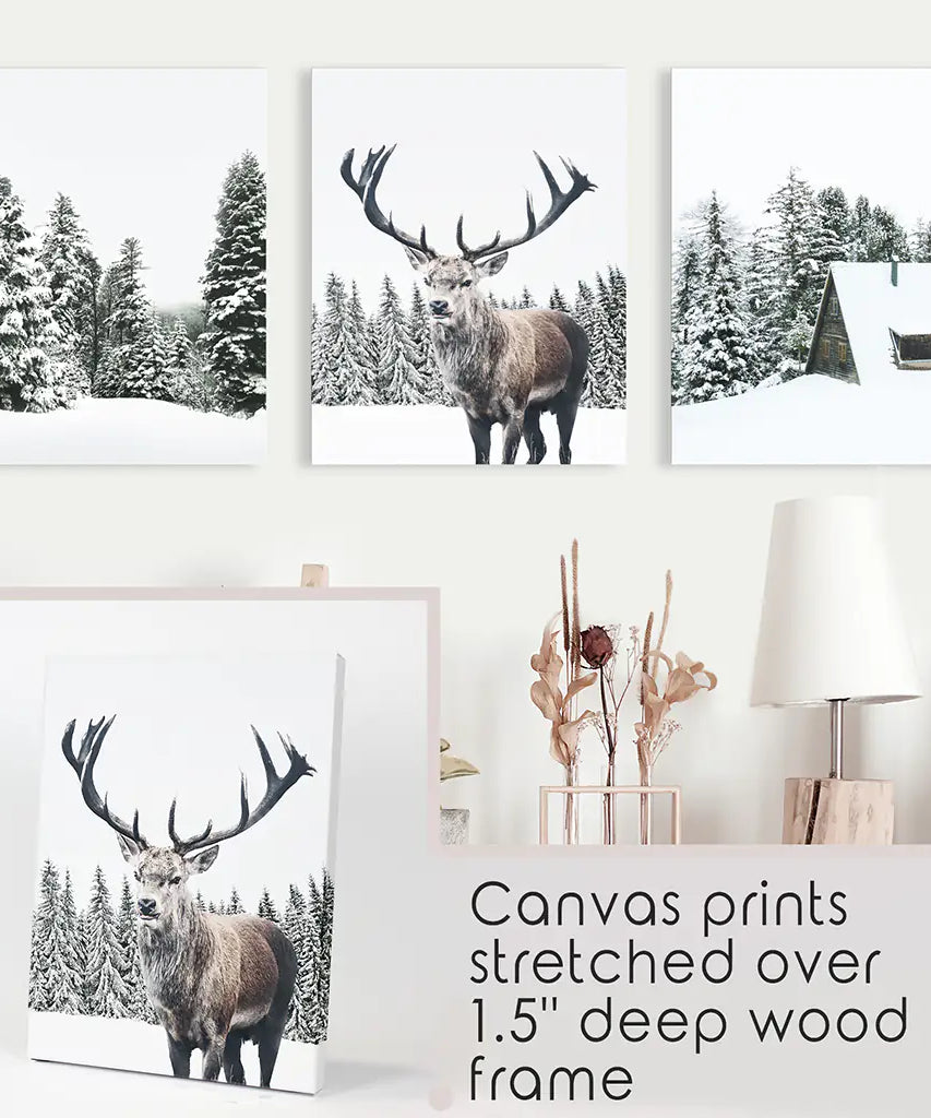 3-teilige Weihnachtswandkunst. Wald, Blockhütte, Rentier