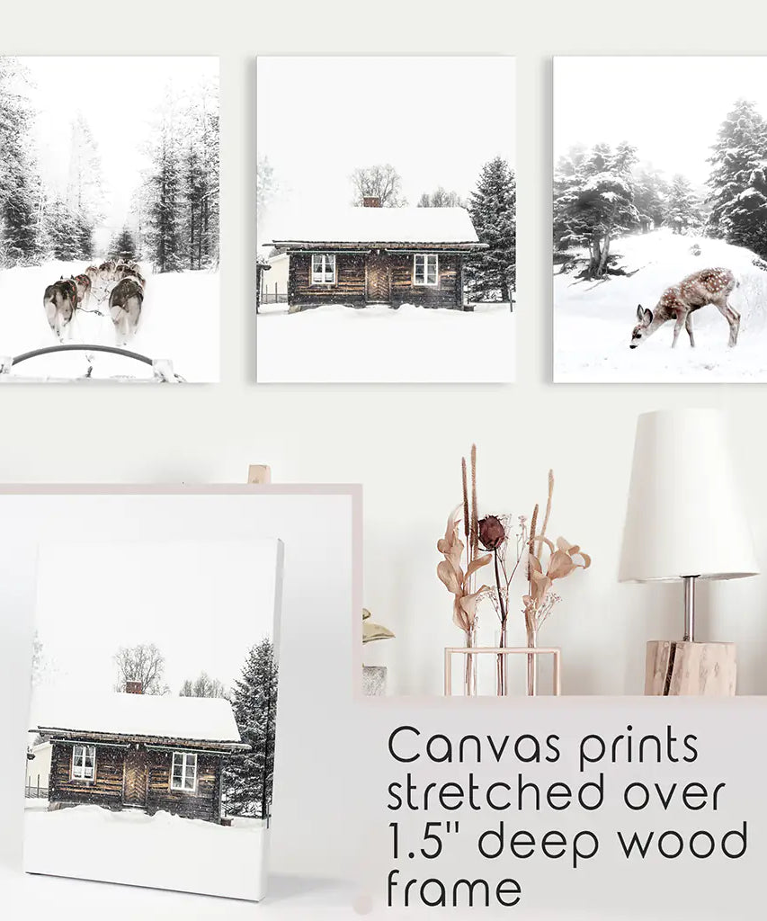 Weihnachtsstimmung 3er-Set Kunstdrucke. Rehkitz, Blockhütte, Schlittenfahrt