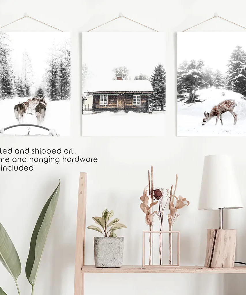 Weihnachtsstimmung 3er-Set Kunstdrucke. Rehkitz, Blockhütte, Schlittenfahrt