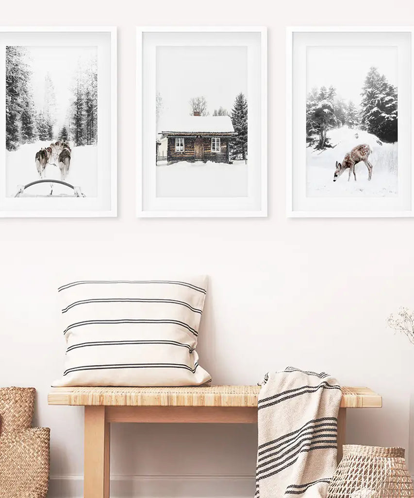 Weihnachtsstimmung 3er-Set Kunstdrucke. Rehkitz, Blockhütte, Schlittenfahrt