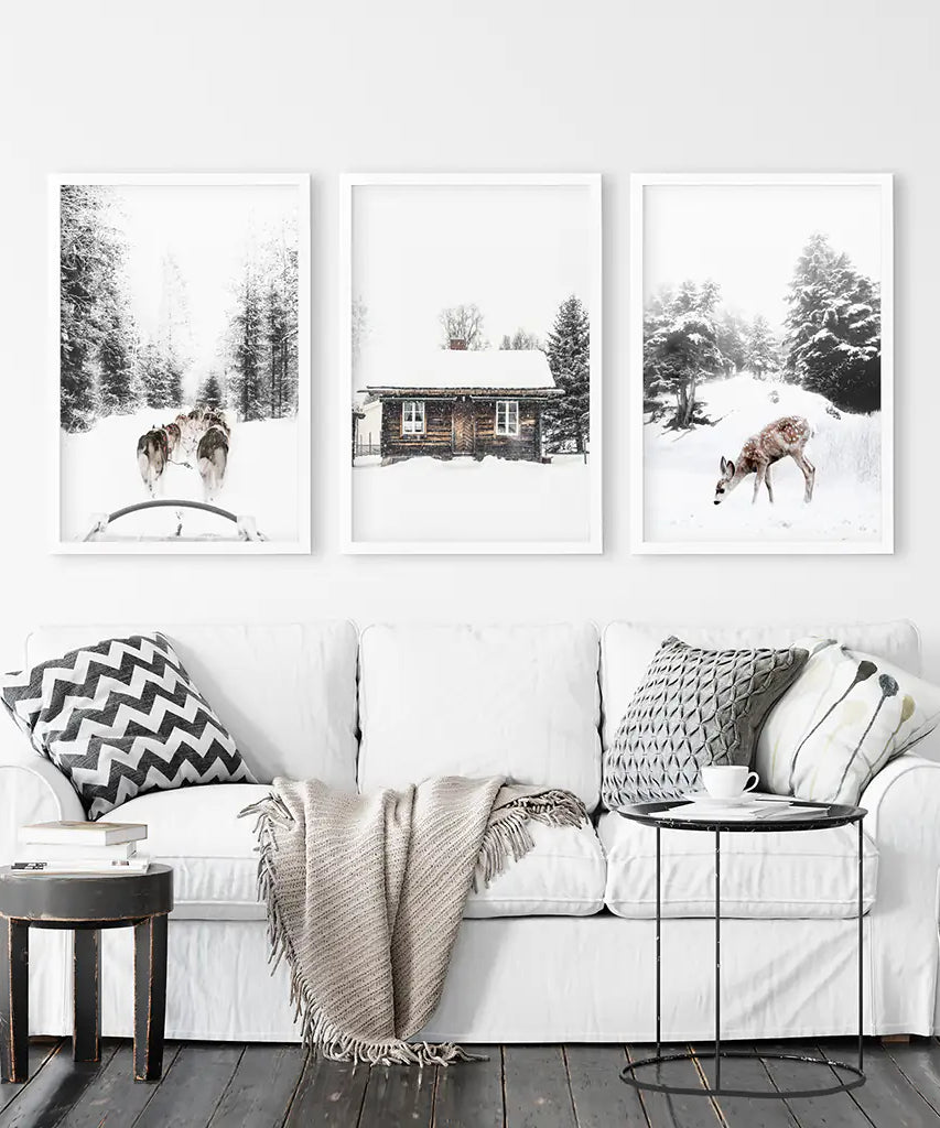 Weihnachtsstimmung 3er-Set Kunstdrucke. Rehkitz, Blockhütte, Schlittenfahrt