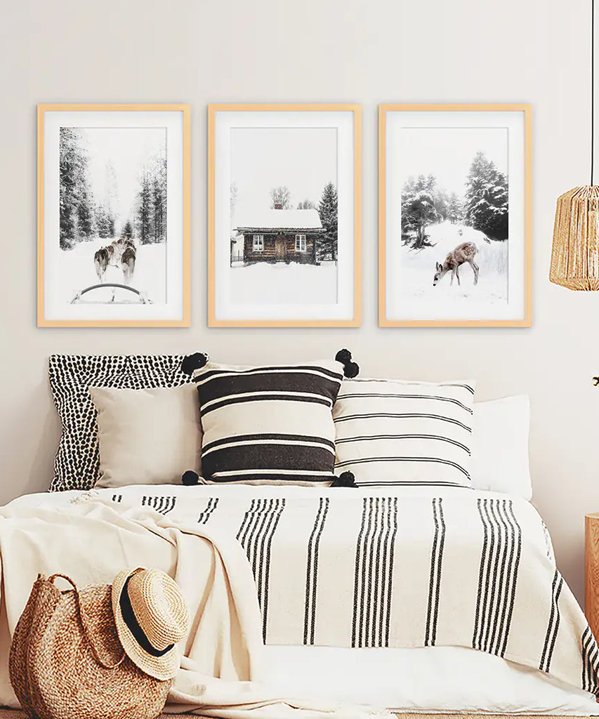 Weihnachtsstimmung 3er-Set Kunstdrucke. Rehkitz, Blockhütte, Schlittenfahrt