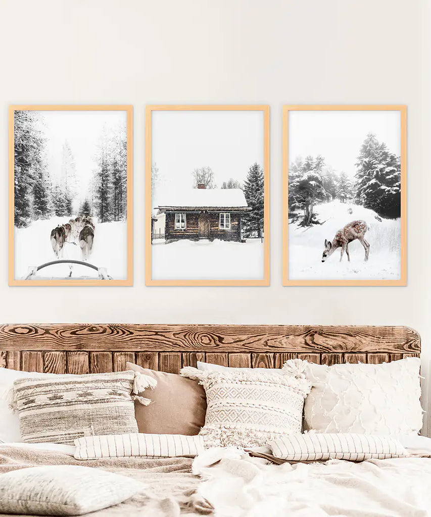 Weihnachtsstimmung 3er-Set Kunstdrucke. Rehkitz, Blockhütte, Schlittenfahrt