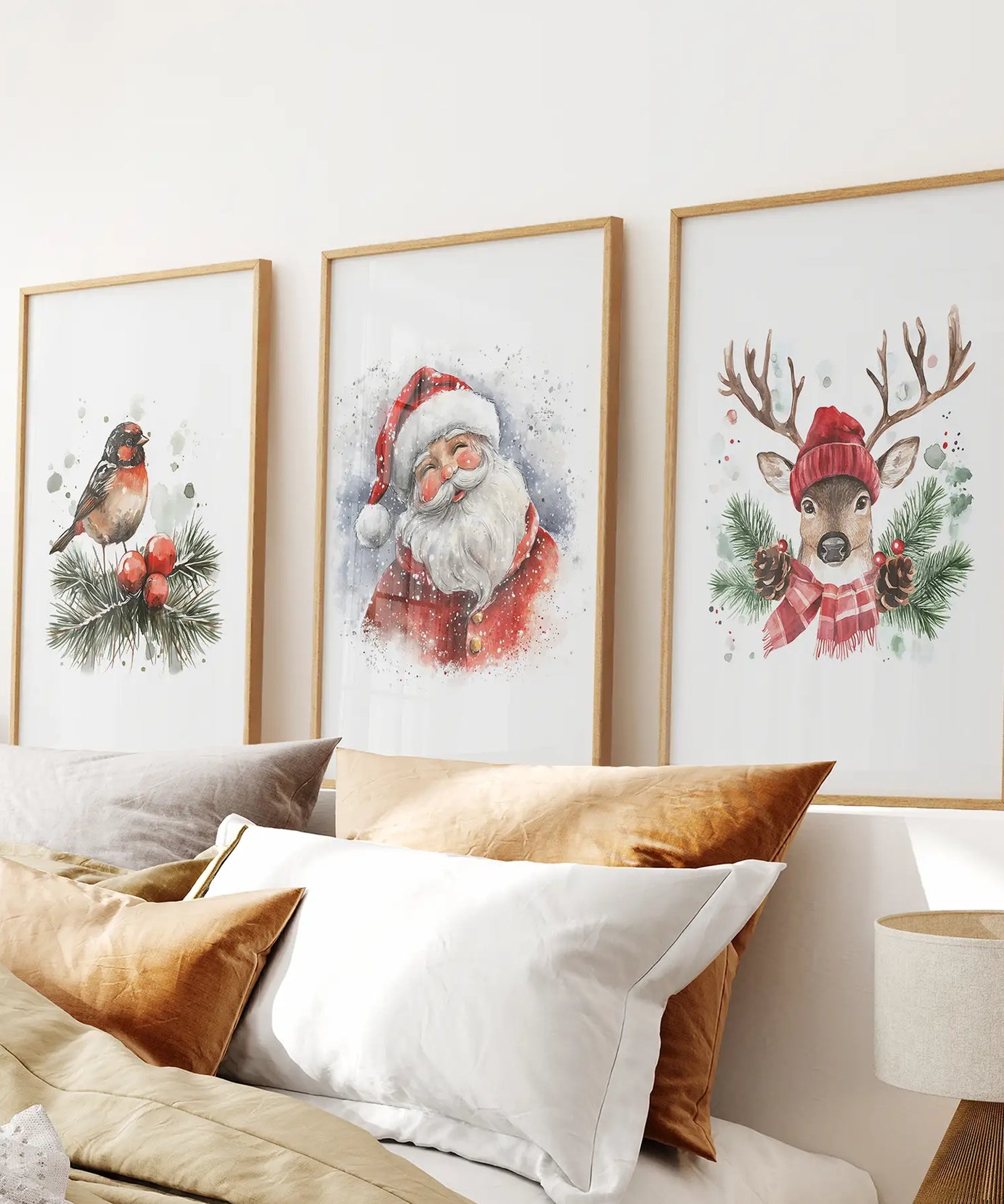 Christmas Print Set of 3: Santa, Reindeer, Holiday Wall Art