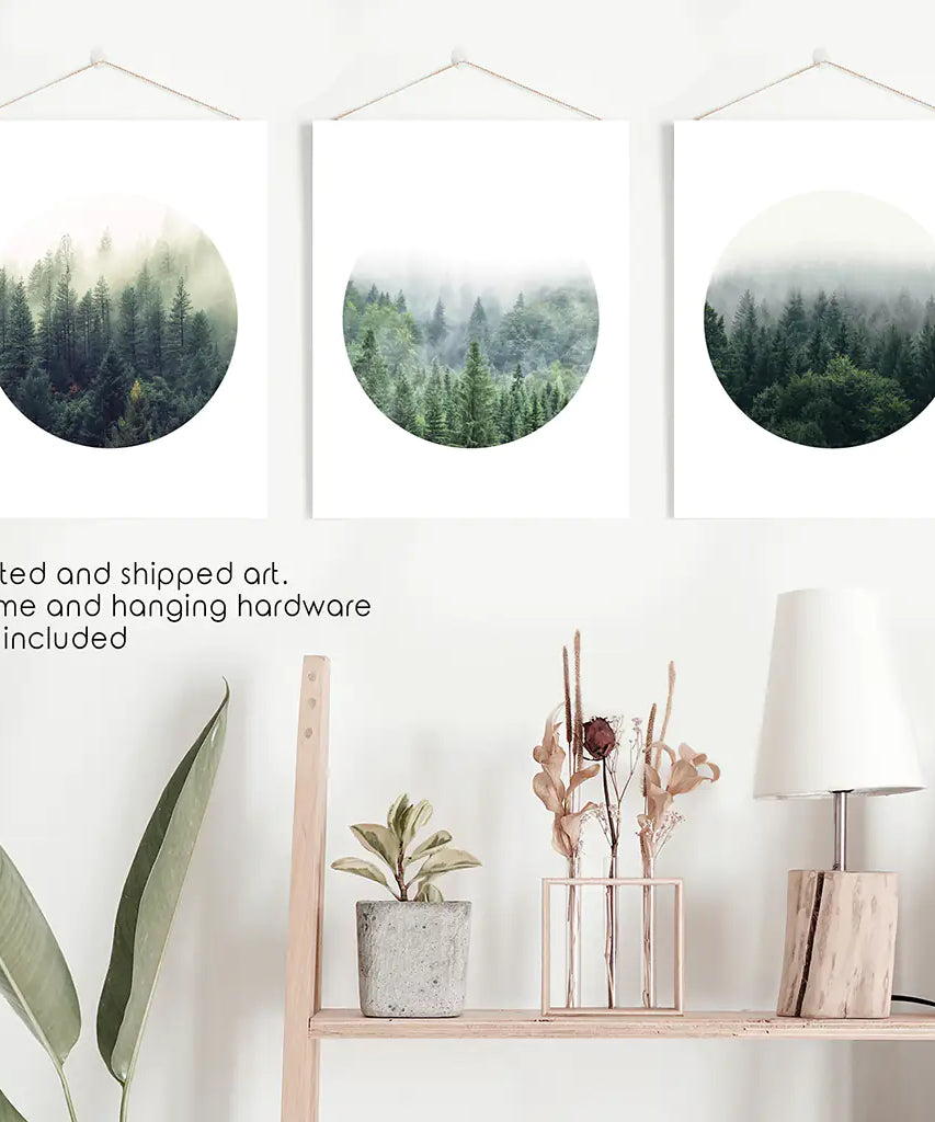 Nordic Forest Circle Wall Art. Set of 3 Scandinavian Prints