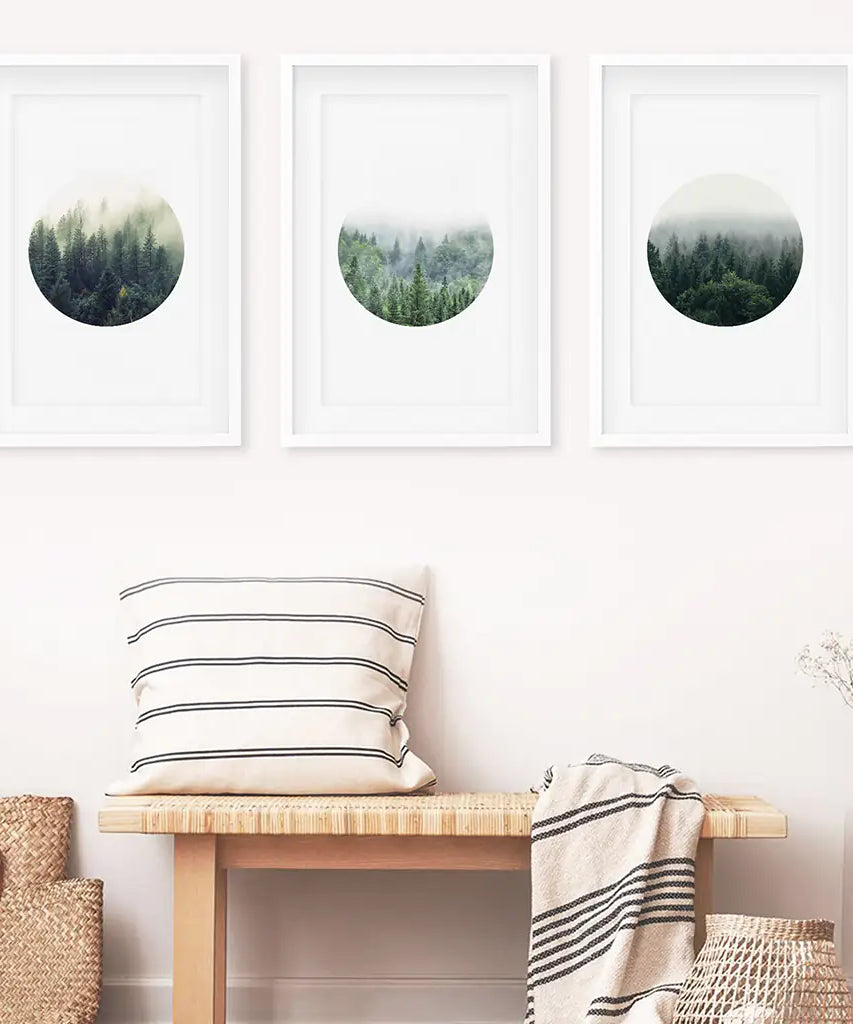 Nordic Forest Circle Wall Art. Set of 3 Scandinavian Prints
