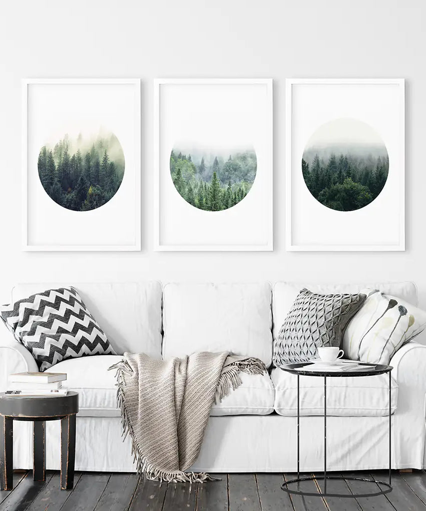 Nordic Forest Circle Wall Art. Set of 3 Scandinavian Prints