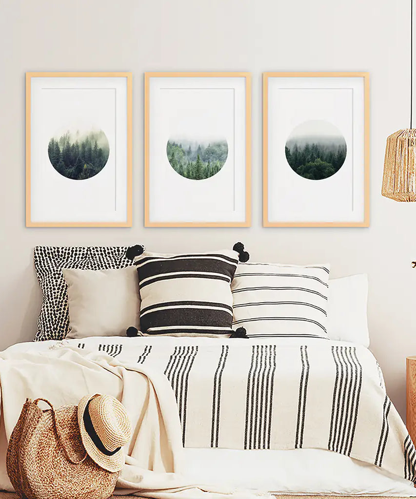 Nordic Forest Circle Wall Art. Set of 3 Scandinavian Prints