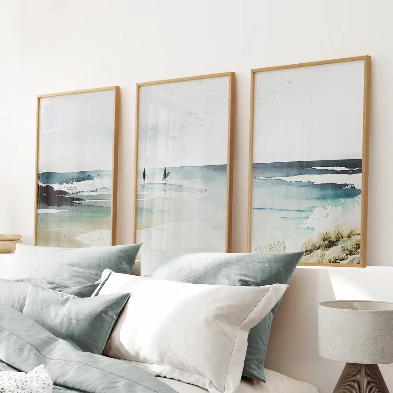 Marineblaue Aquarell-Strandhaus-Deko. 3er-Set Wandbilder