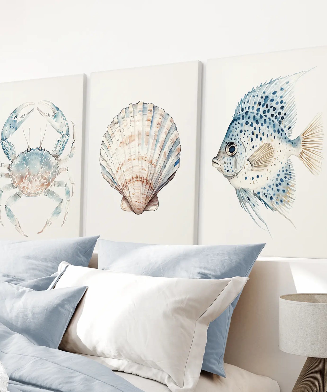 Watercolor Light Blue Nautical 3 Piece Art. Crab, Shell, Fish