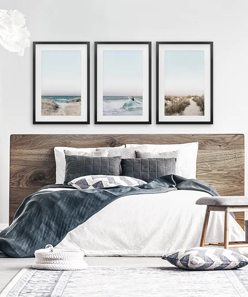 Ocean Surfing 3 Piece Wall Art. Blue Waves, Sandy Beach Path
