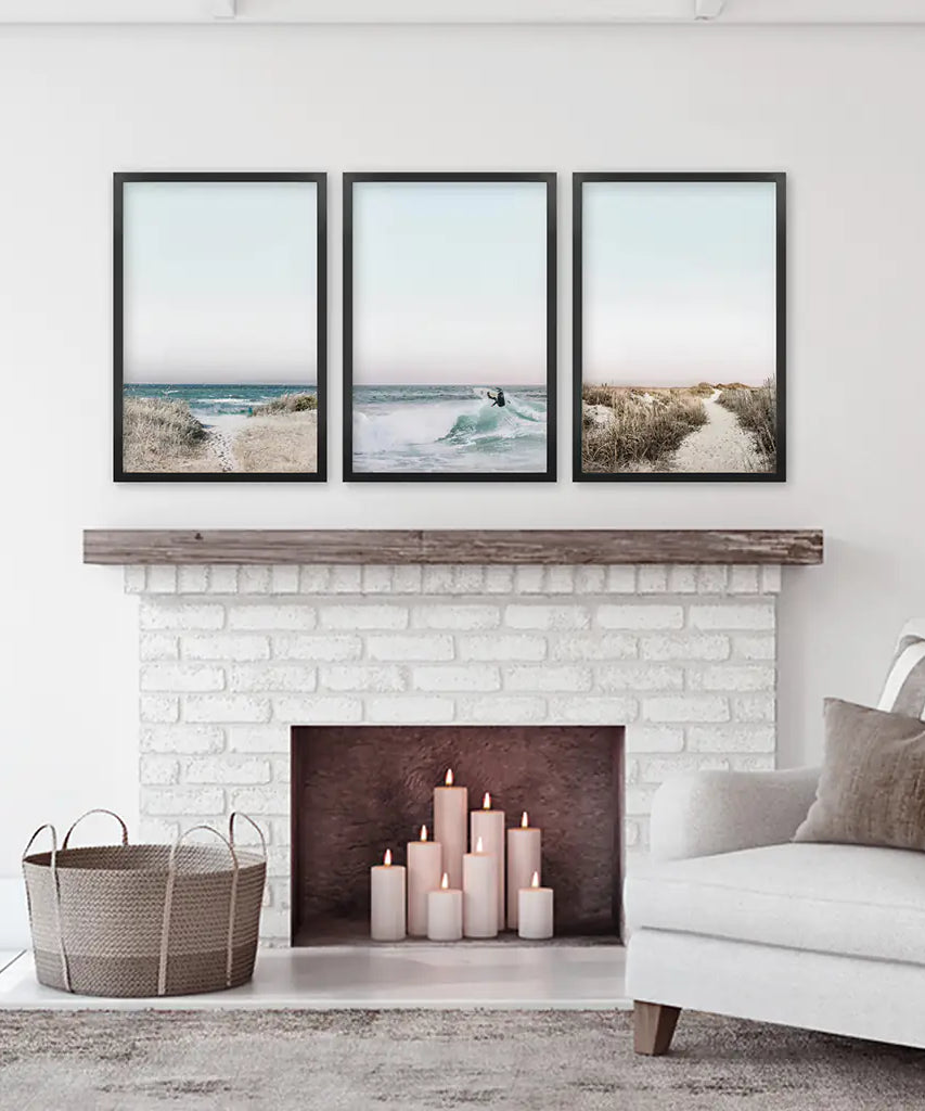Ocean Surfing 3 Piece Wall Art. Blue Waves, Sandy Beach Path