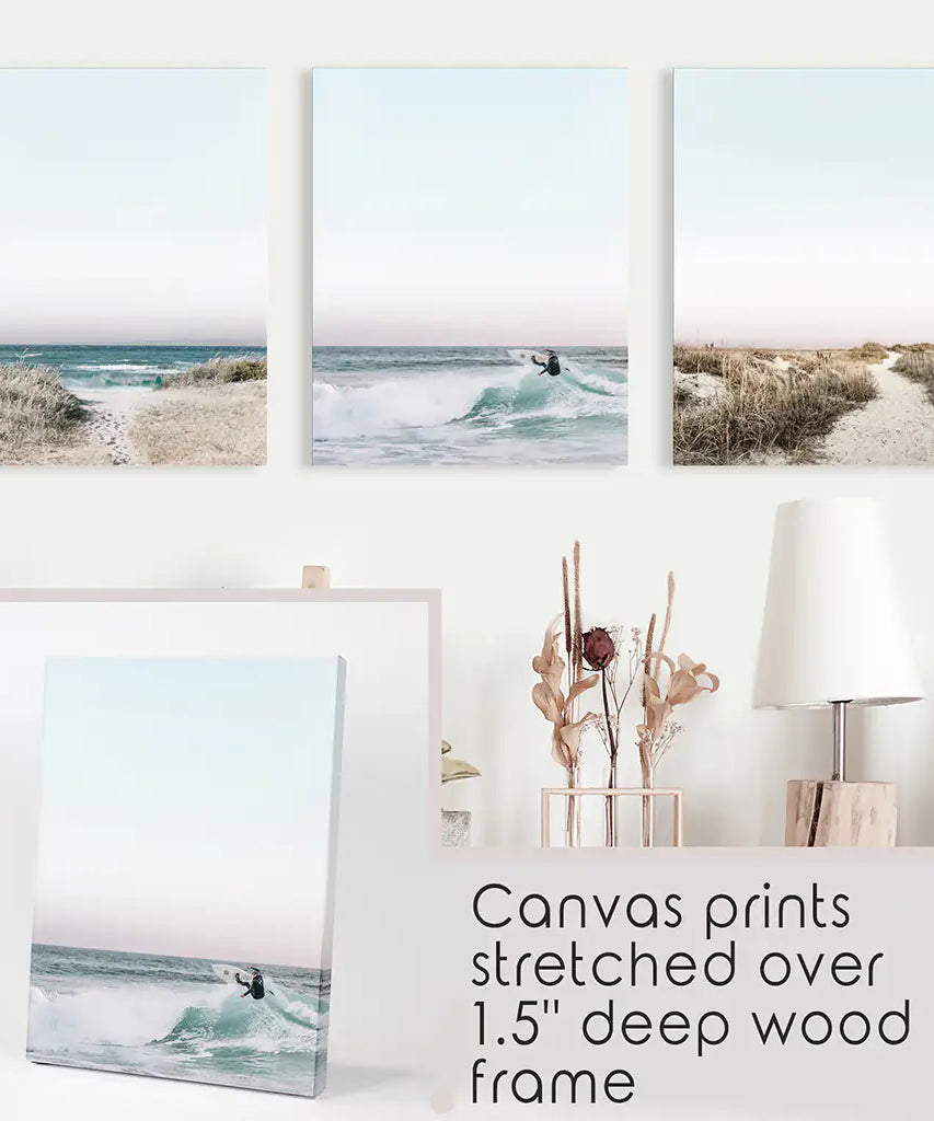 Ocean Surfing 3 Piece Wall Art. Blue Waves, Sandy Beach Path