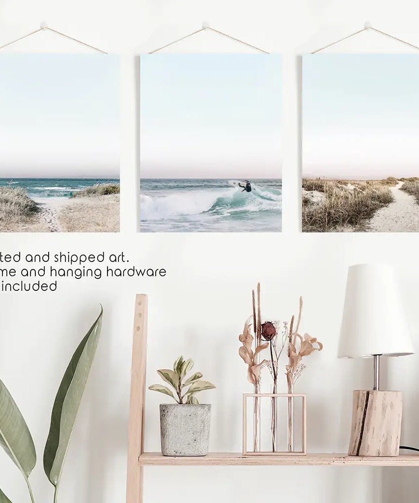 Ocean Surfing 3 Piece Wall Art. Blue Waves, Sandy Beach Path