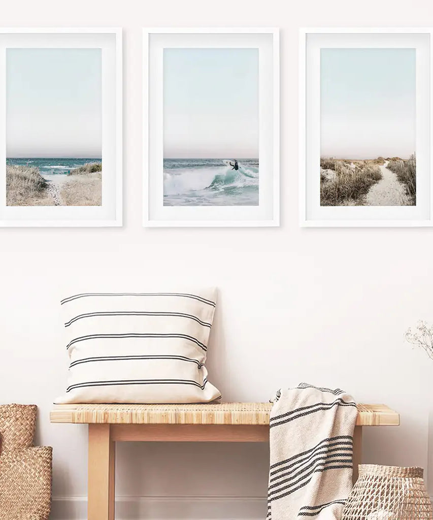 Ocean Surfing 3 Piece Wall Art. Blue Waves, Sandy Beach Path