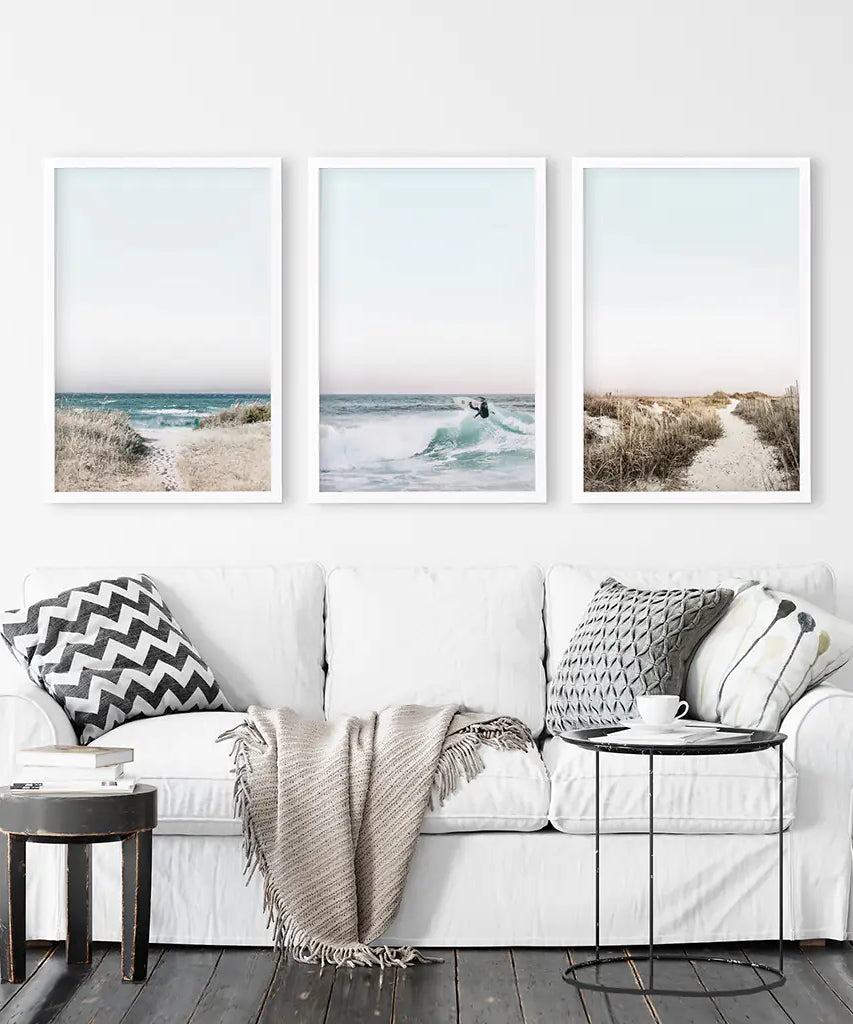 Ocean Surfing 3 Piece Wall Art. Blue Waves, Sandy Beach Path