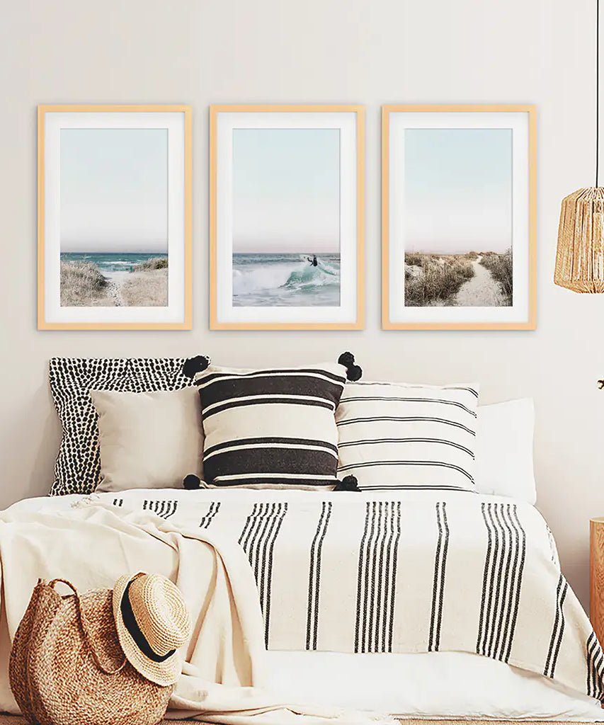 Ocean Surfing 3 Piece Wall Art. Blue Waves, Sandy Beach Path