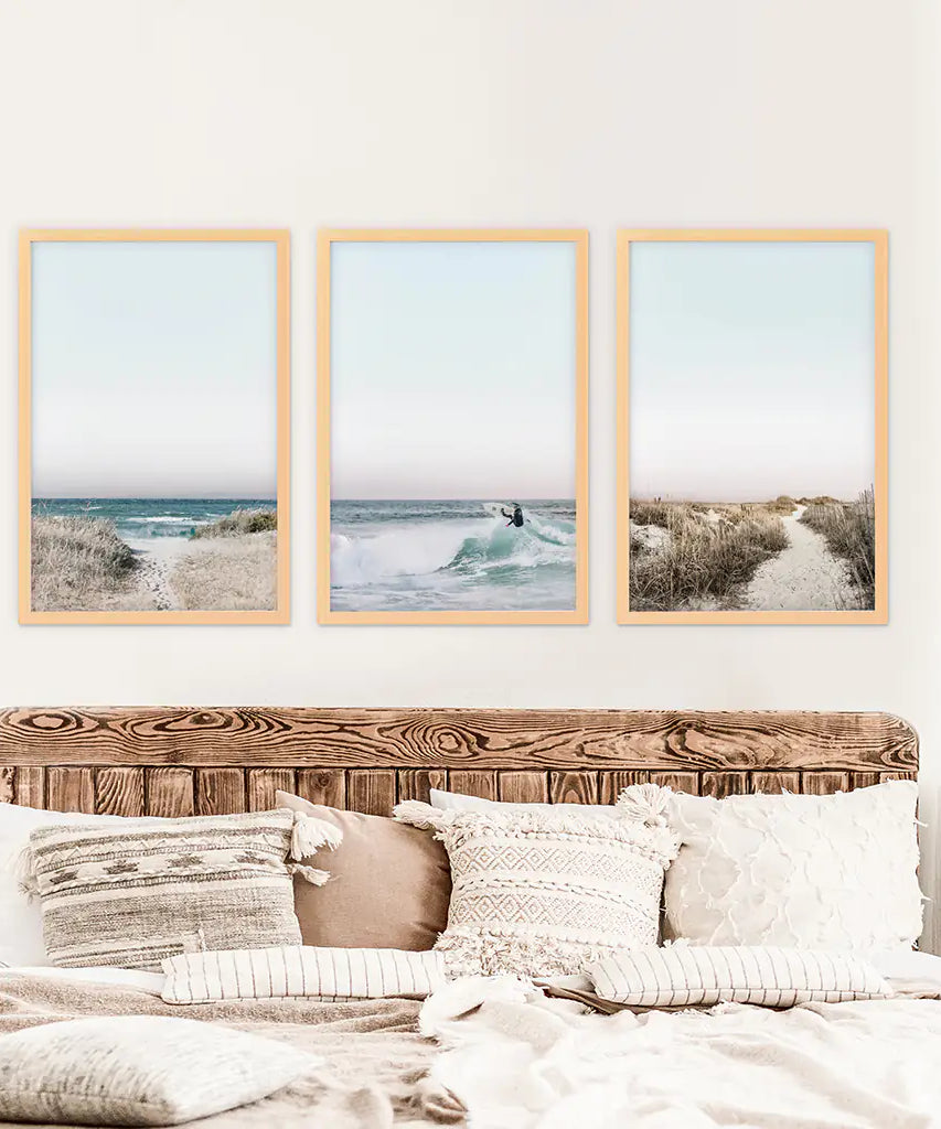 Ocean Surfing 3 Piece Wall Art. Blue Waves, Sandy Beach Path
