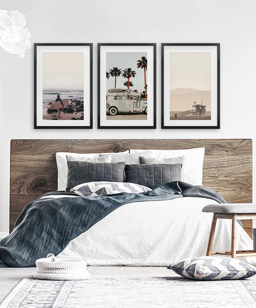 Beige Surfing Wall Art Set. Surfer, Ocean, Bus, Lifeguard