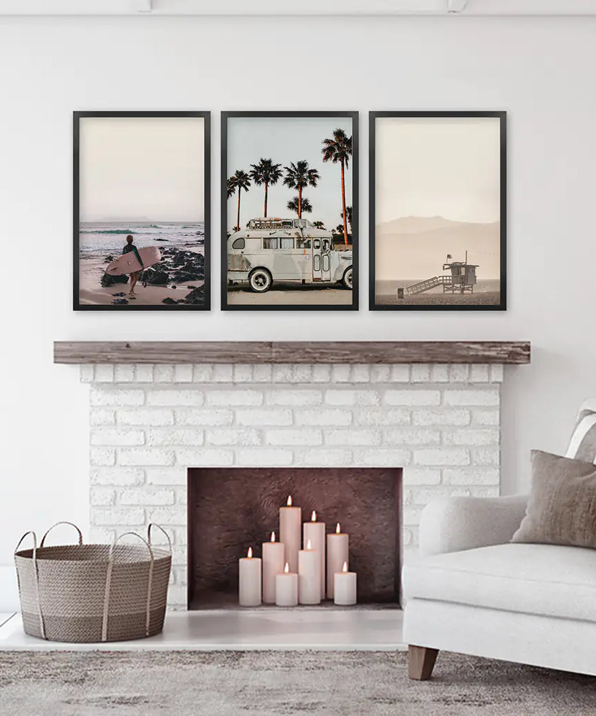 Beige Surfing Wall Art Set. Surfer, Ocean, Bus, Lifeguard