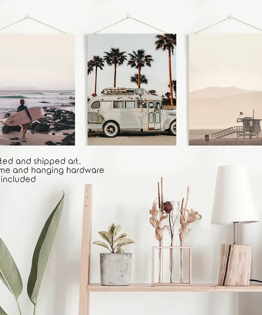 Beige Surfing Wall Art Set. Surfer, Ocean, Bus, Lifeguard