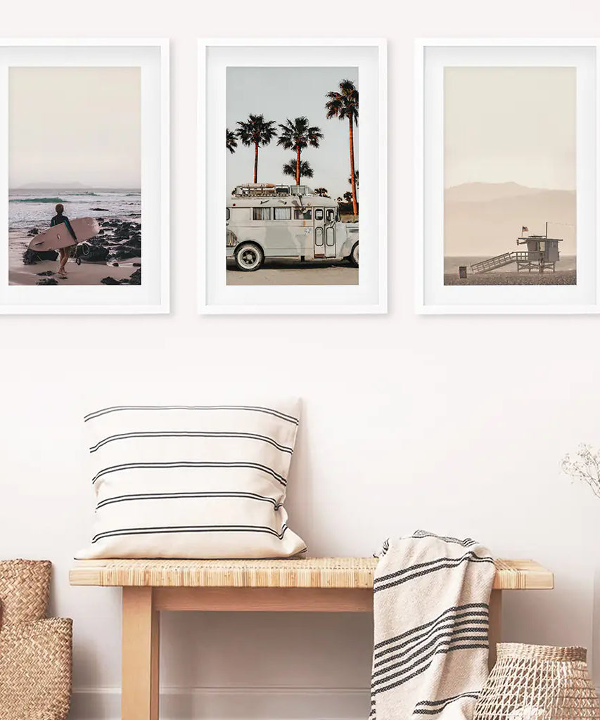 Beige Surfing Wall Art Set. Surfer, Ocean, Bus, Lifeguard