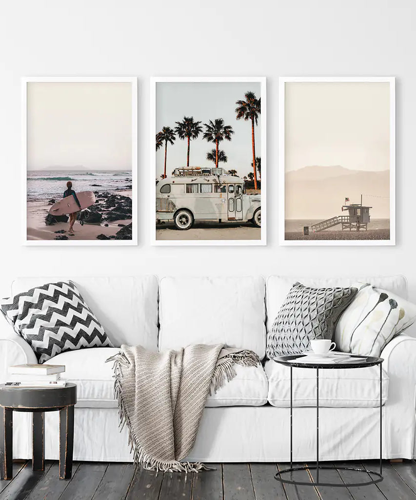 Beige Surfing Wall Art Set. Surfer, Ocean, Bus, Lifeguard